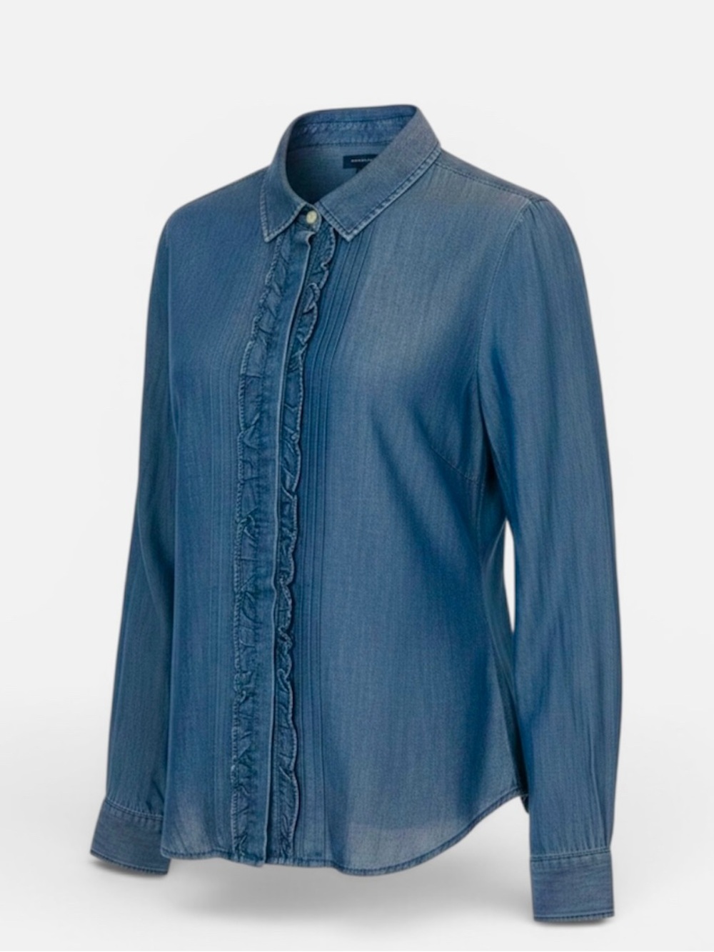 Tommy Hilfiger Denim Blue Ruffled Button Front Fitted Blouse